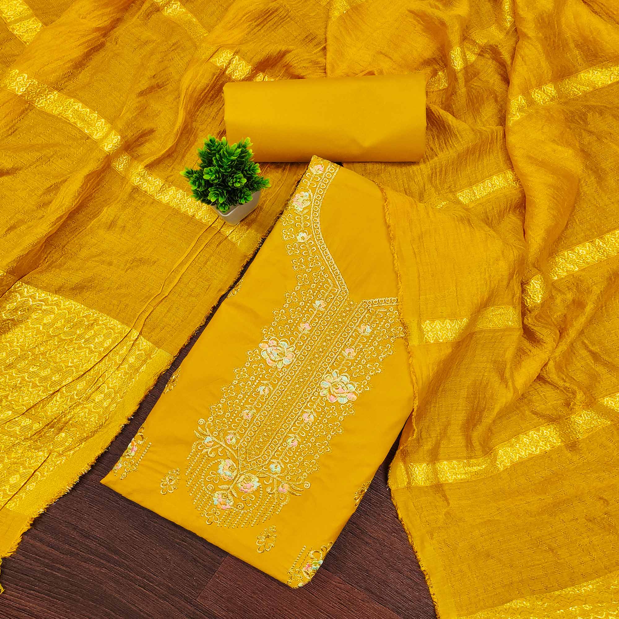 Mustard Pure Cotton Dress Material with Elegant Embroidery