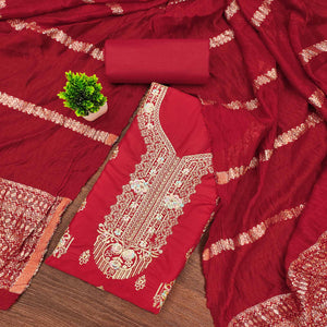 Red Pure Cotton Dress Material with Elegant Embroidery