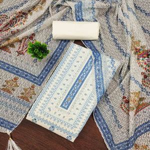 Off-White and Blue Unstitched Suit Material with Classic Schiffli Detailing