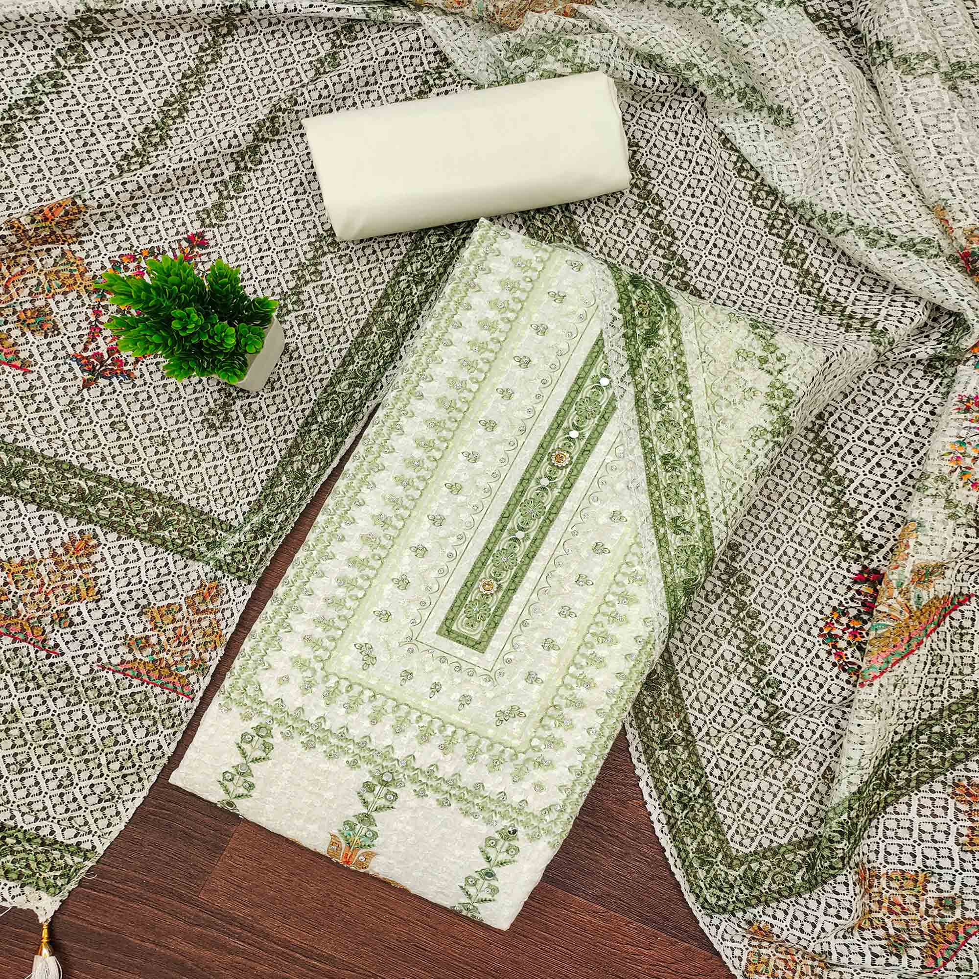 Off-White and Green Unstitched Suit Material with Classic Schiffli Detailing