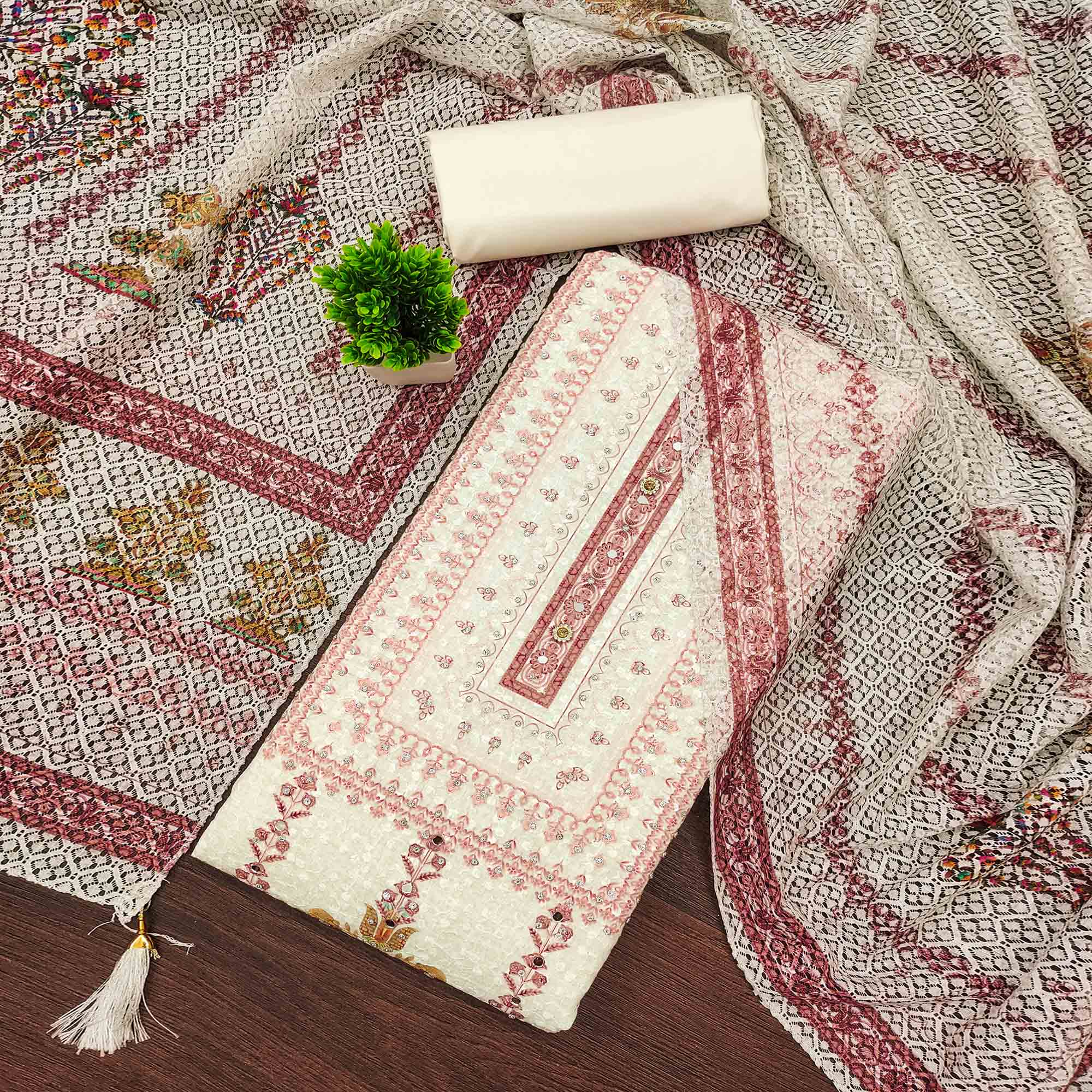 Off-White and Maroon Unstitched Suit Material with Classic Schiffli Detailing