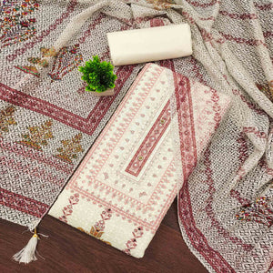 Off-White and Maroon Unstitched Suit Material with Classic Schiffli Detailing