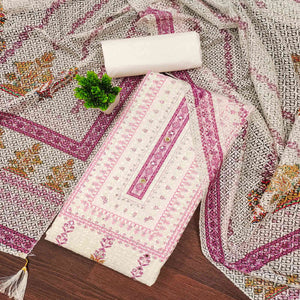 Off-White and Pink Unstitched Suit Material with Classic Schiffli Detailing