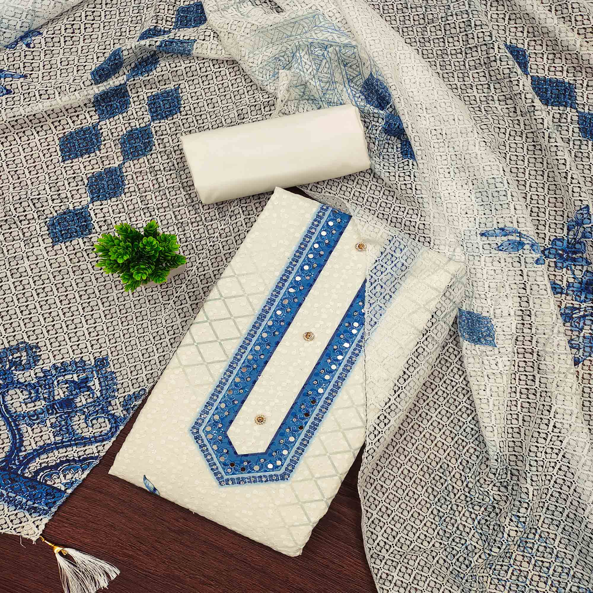 Off-White and Blue Unstitched Suit Material with Classic Schiffli Detailing