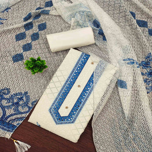 Off-White and Blue Unstitched Suit Material with Classic Schiffli Detailing