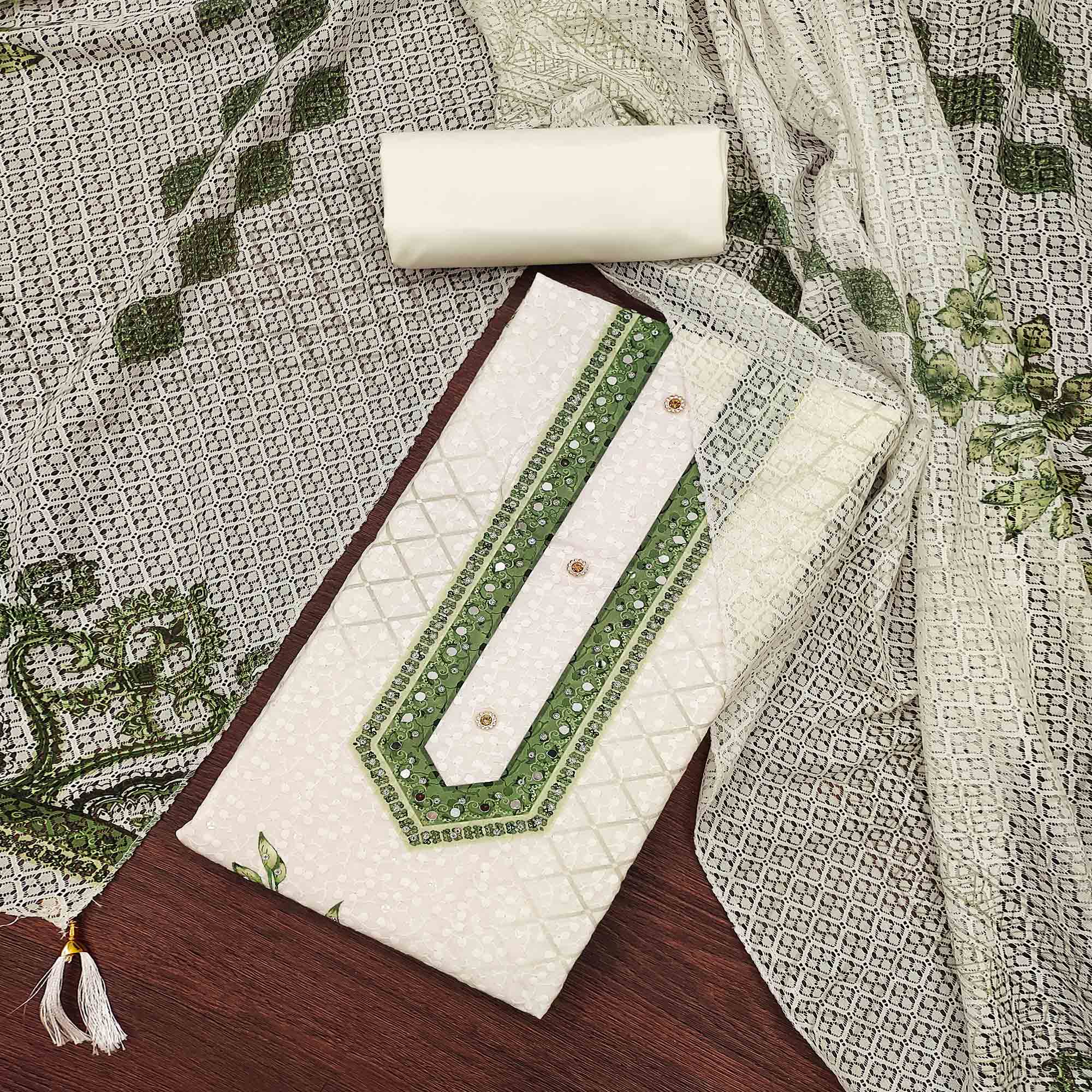 Off-White and Green Unstitched Suit Material with Classic Schiffli Detailing
