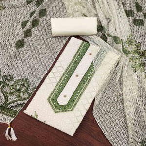 Off-White and Green Unstitched Suit Material with Classic Schiffli Detailing