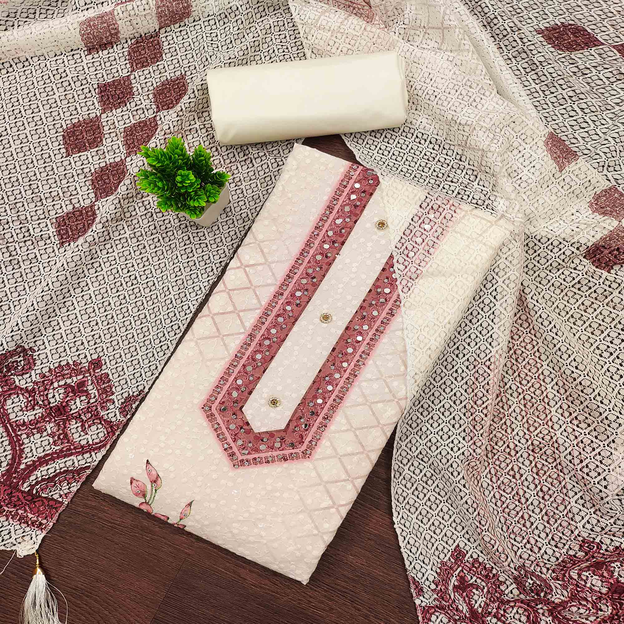 Off-White and Maroon Unstitched Suit Material with Classic Schiffli Detailing