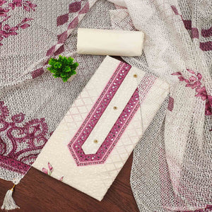 Off-White and Pink Unstitched Suit Material with Classic Schiffli Detailing