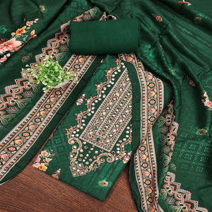 Green Muslin Suit Fabric Featuring Floral Print & Stone Highlights