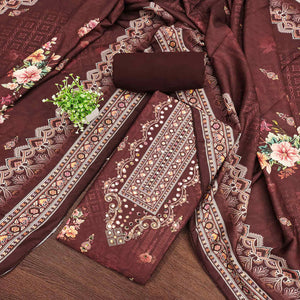 Maroon Muslin Suit Fabric Featuring Floral Print & Stone Highlights