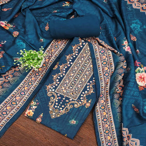 Teal Muslin Suit Fabric Featuring Floral Print & Stone Highlights