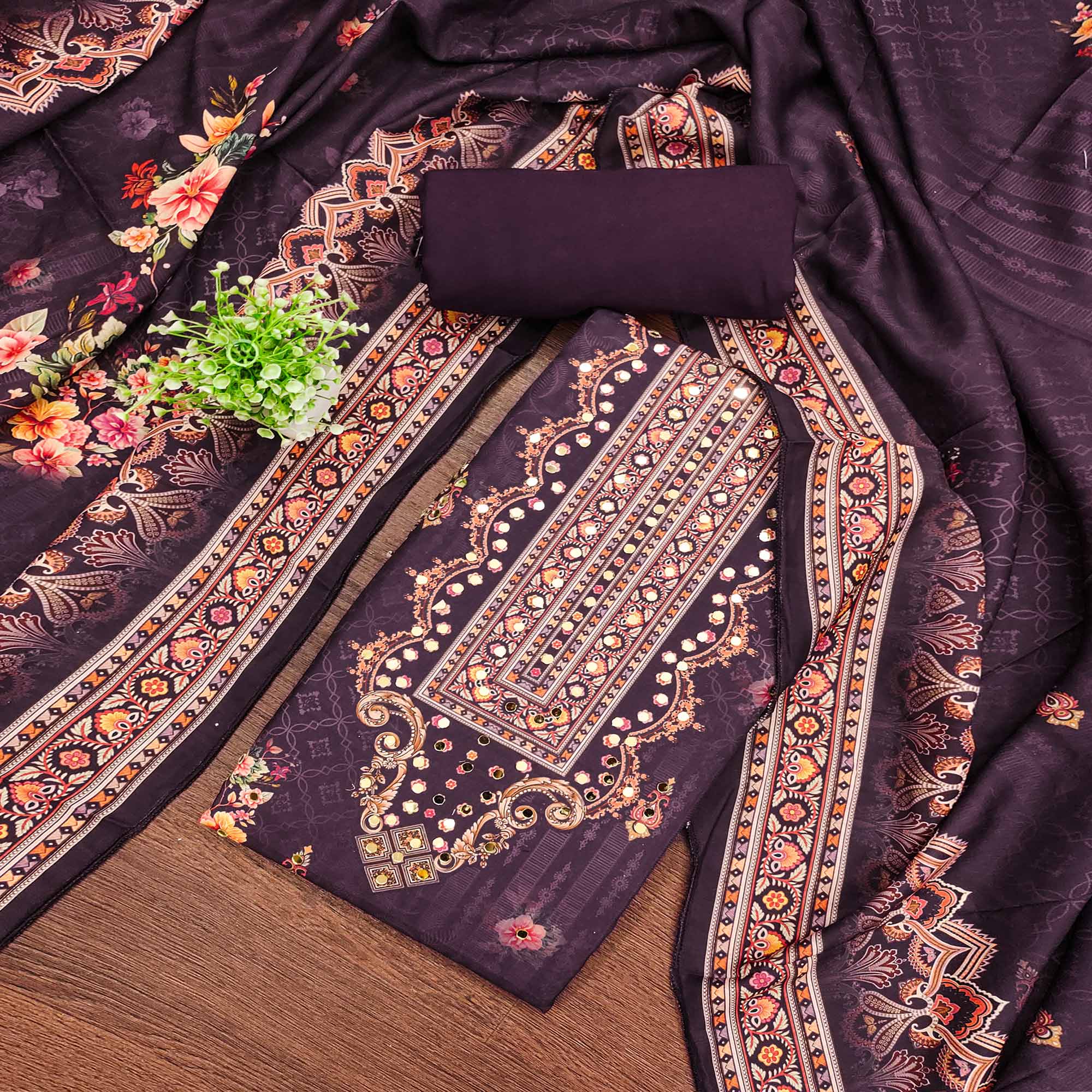 Wine Muslin Suit Fabric Featuring Floral Print & Stone Highlights