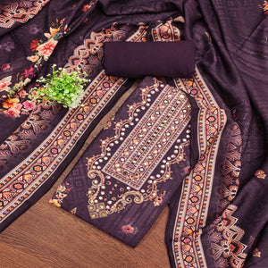 Wine Muslin Suit Fabric Featuring Floral Print & Stone Highlights