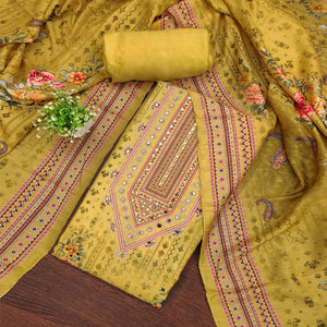 Mustard Dress Material in Muslin with Delicate Mirror Highlights