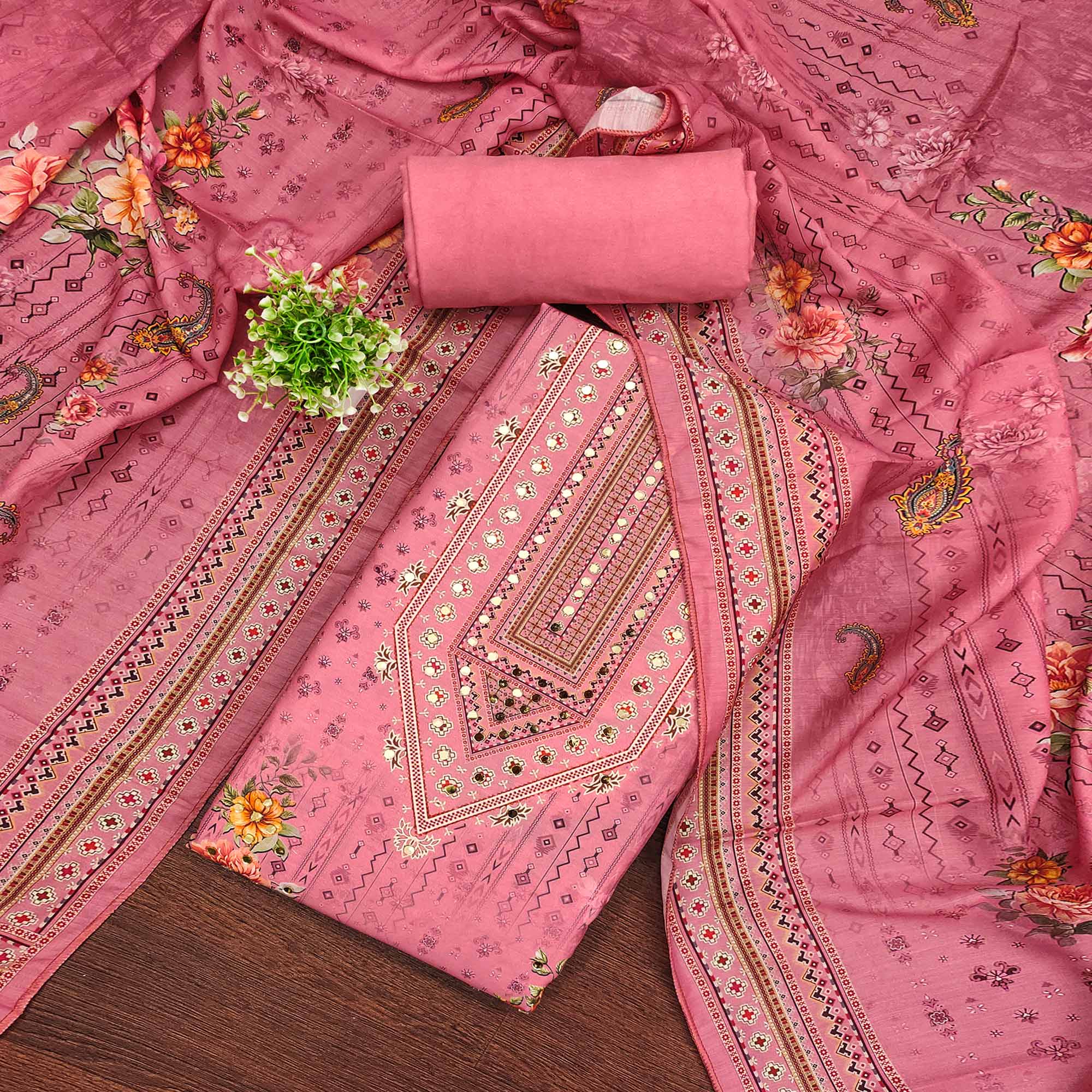 Pink Dress Material in Muslin with Delicate Mirror Highlights