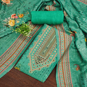 Sea Green Dress Material in Muslin with Delicate Mirror Highlights