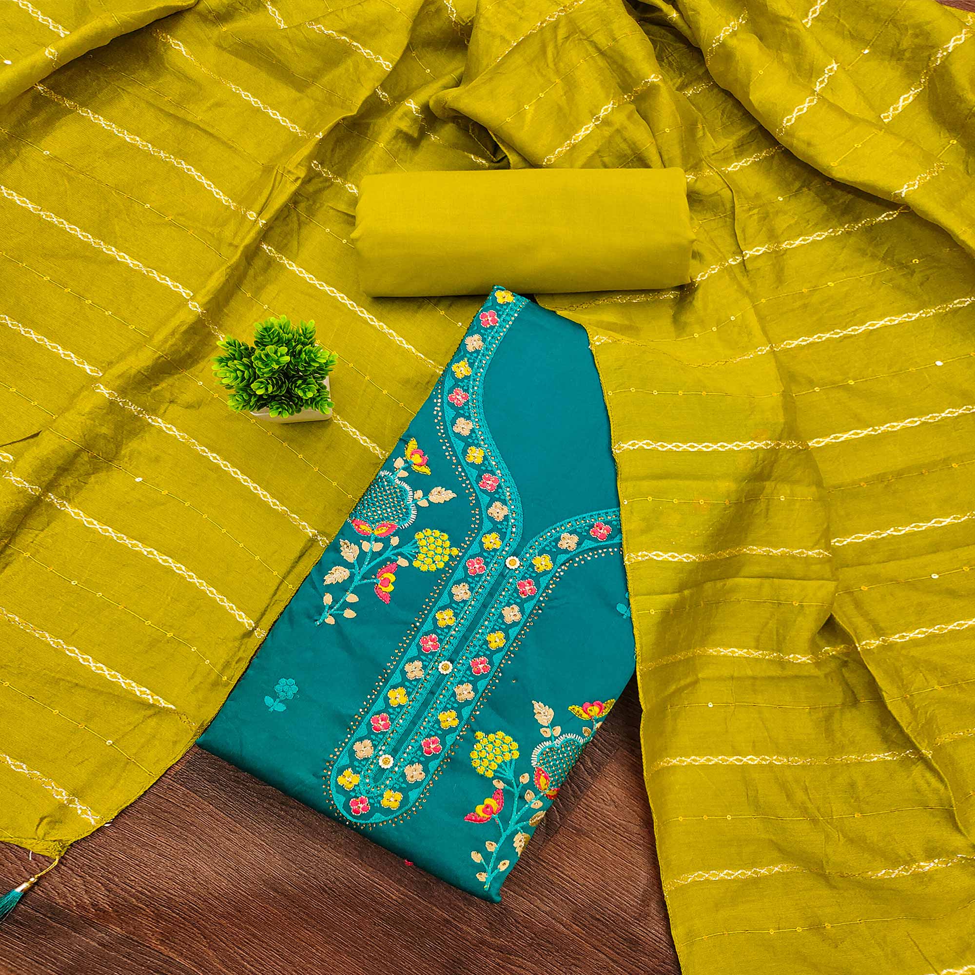 Elegant Teal Floral Embroidered Cotton Dress Fabric for Custom Stitching