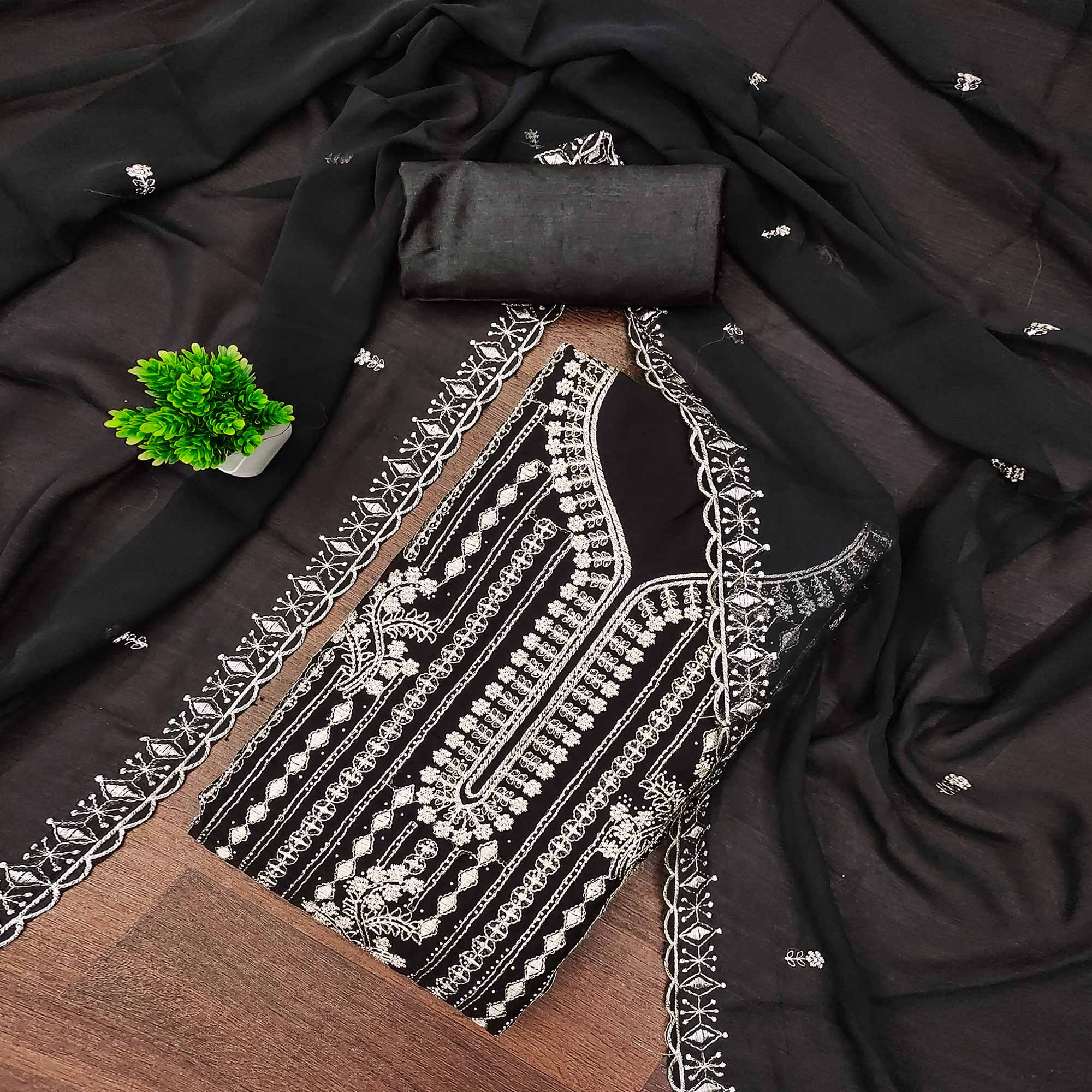 Black Georgette Dress Material with Opulent Threadwork