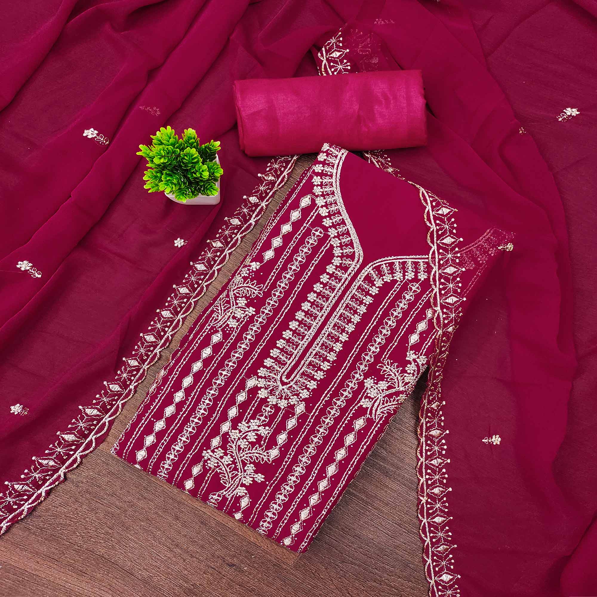 Pink Georgette Dress Material with Opulent Threadwork