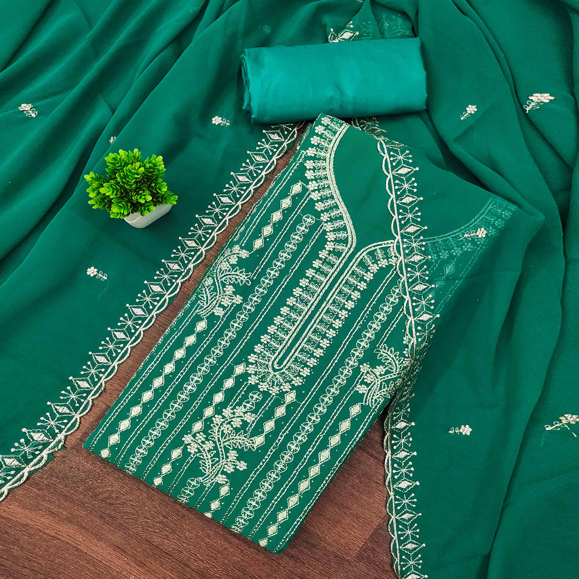 Rama Green Georgette Dress Material with Opulent Threadwork