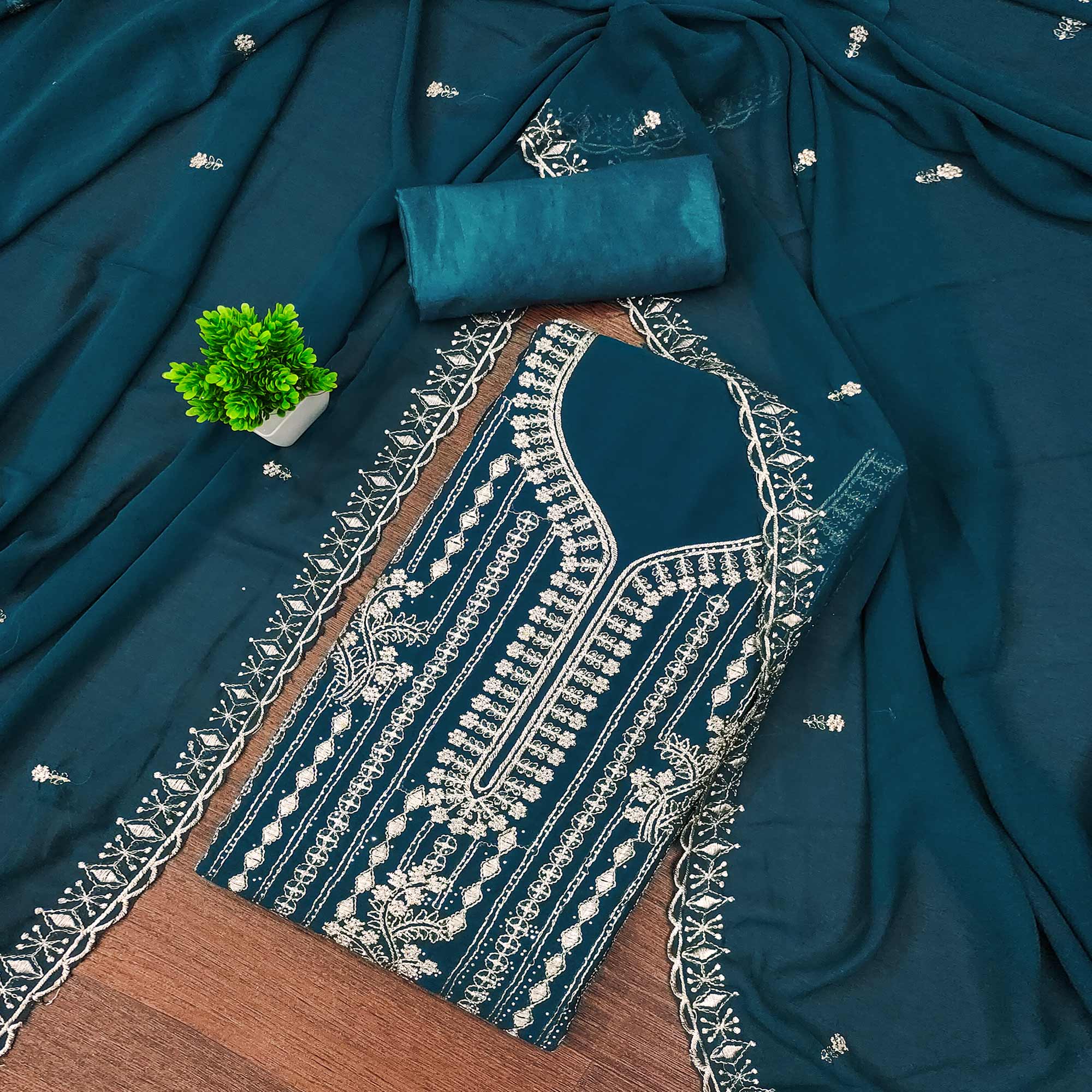 Teal Georgette Dress Material with Opulent Threadwork