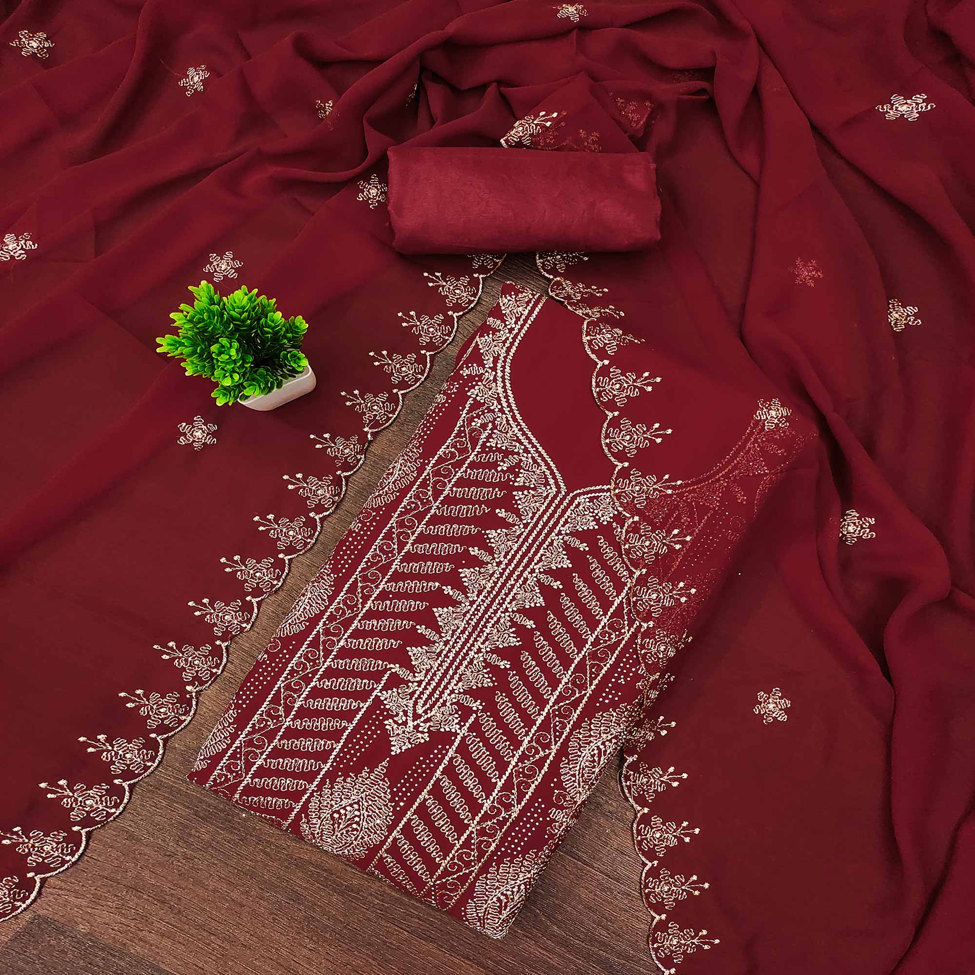 Heavy Thread Embroidered Maroon Georgette Unstitched Suit Material