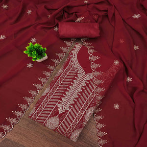 Heavy Thread Embroidered Maroon Georgette Unstitched Suit Material