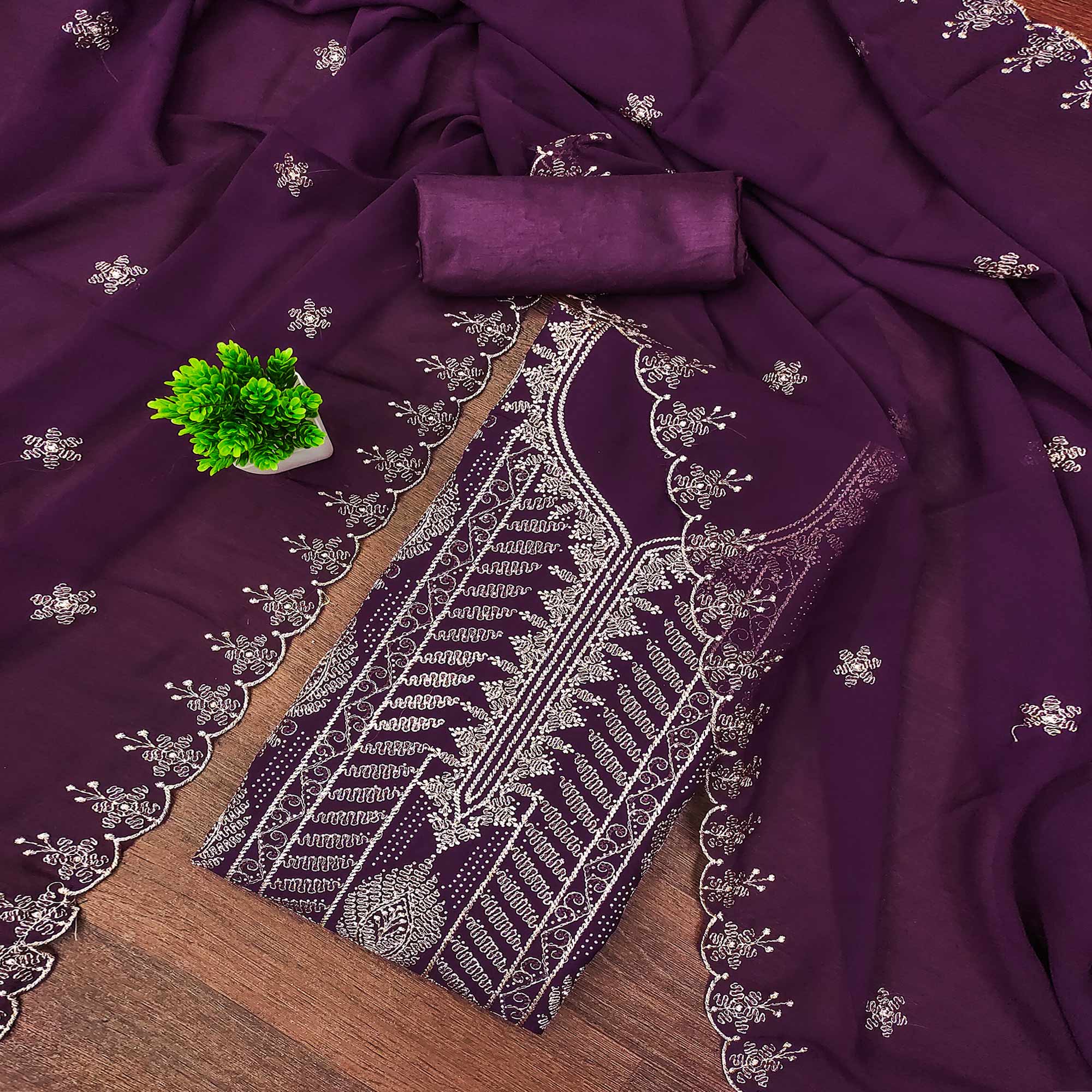 Heavy Thread Embroidered Purple Georgette Unstitched Suit Material