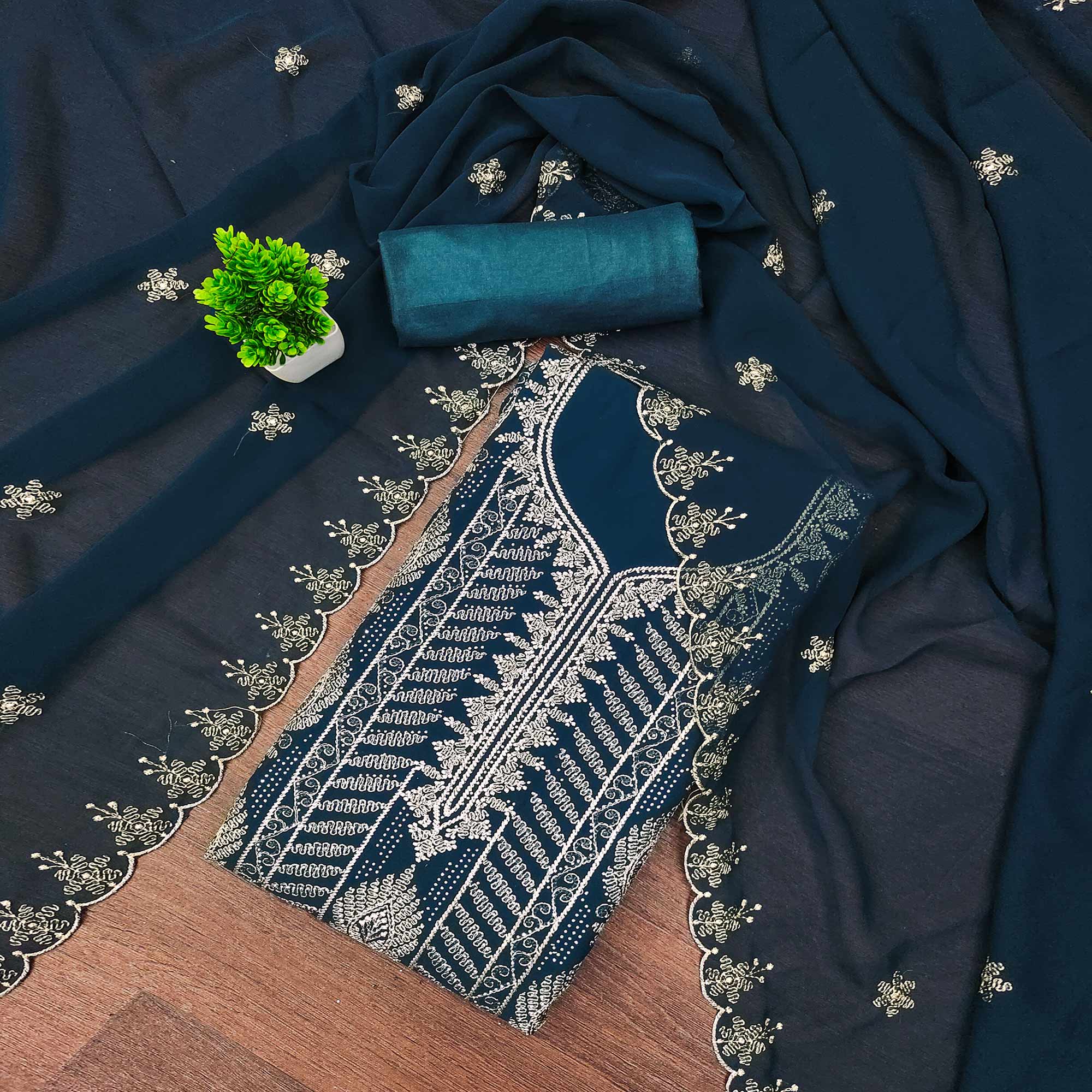 Heavy Thread Embroidered Teal Georgette Unstitched Suit Material