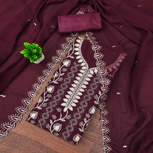 Wine Unstitched Georgette Suit Material Accented with Beautiful Thread Embroidery