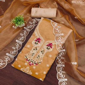 Lightweight Beige Organza Unstitched Suit Material with Intricate Floral Work