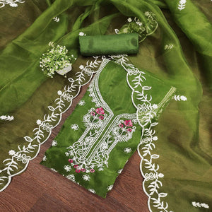 Lightweight Green Organza Unstitched Suit Material with Intricate Floral Work