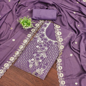 Designer Lavender Floral Work Embroidered Georgette Unstitched Dress Material
