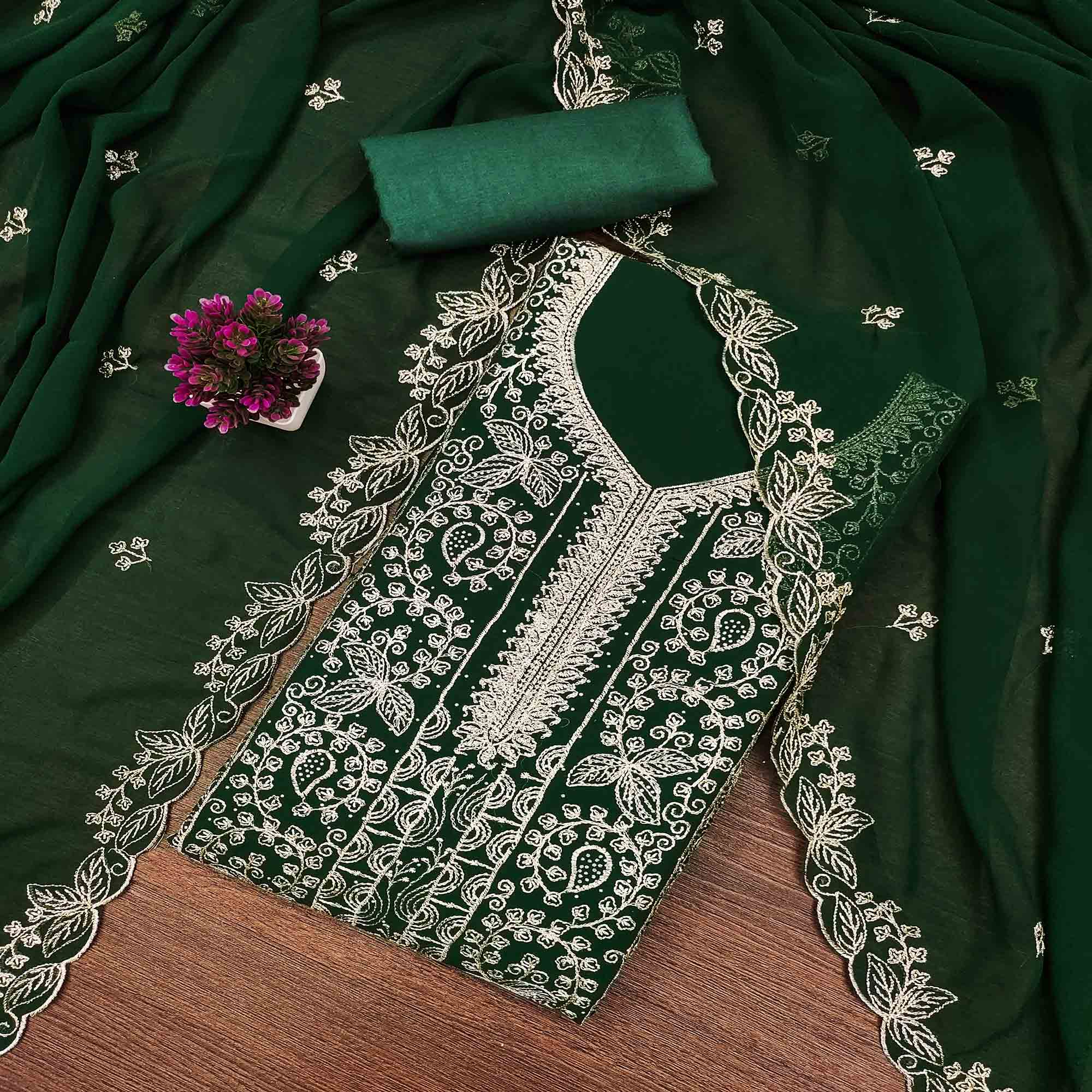 Green Star Georgette Unstitched Dress Material with Intricate Embroidery Work