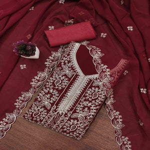 Maroon Star Georgette Unstitched Dress Material with Intricate Embroidery Work