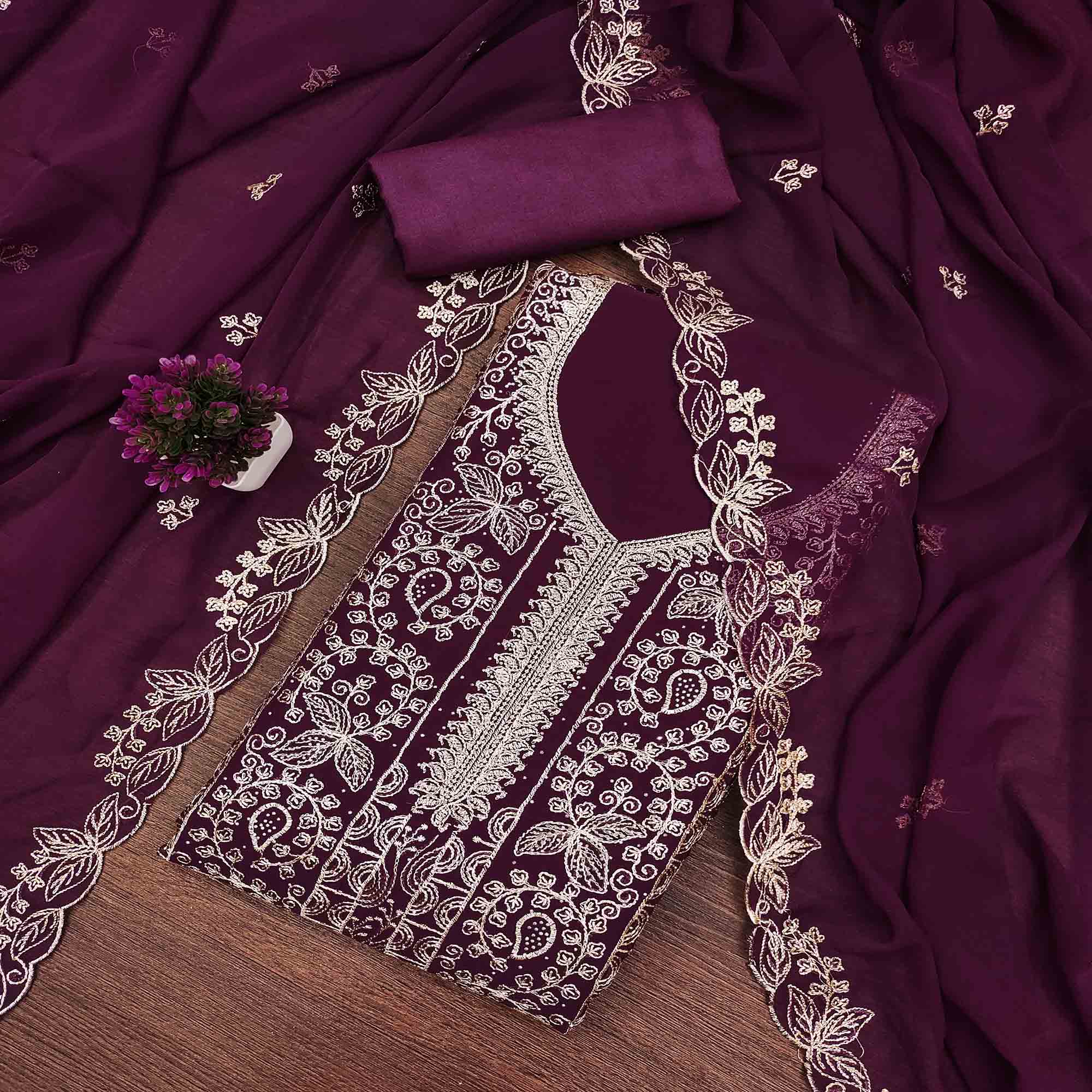 Wine Star Georgette Unstitched Dress Material with Intricate Embroidery Work
