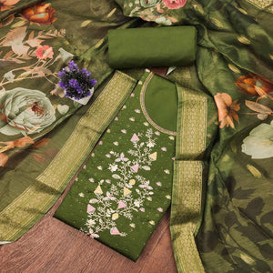 Soft Green Cotton Blend Unstitched Suit Material with Delicate Floral Embroidery