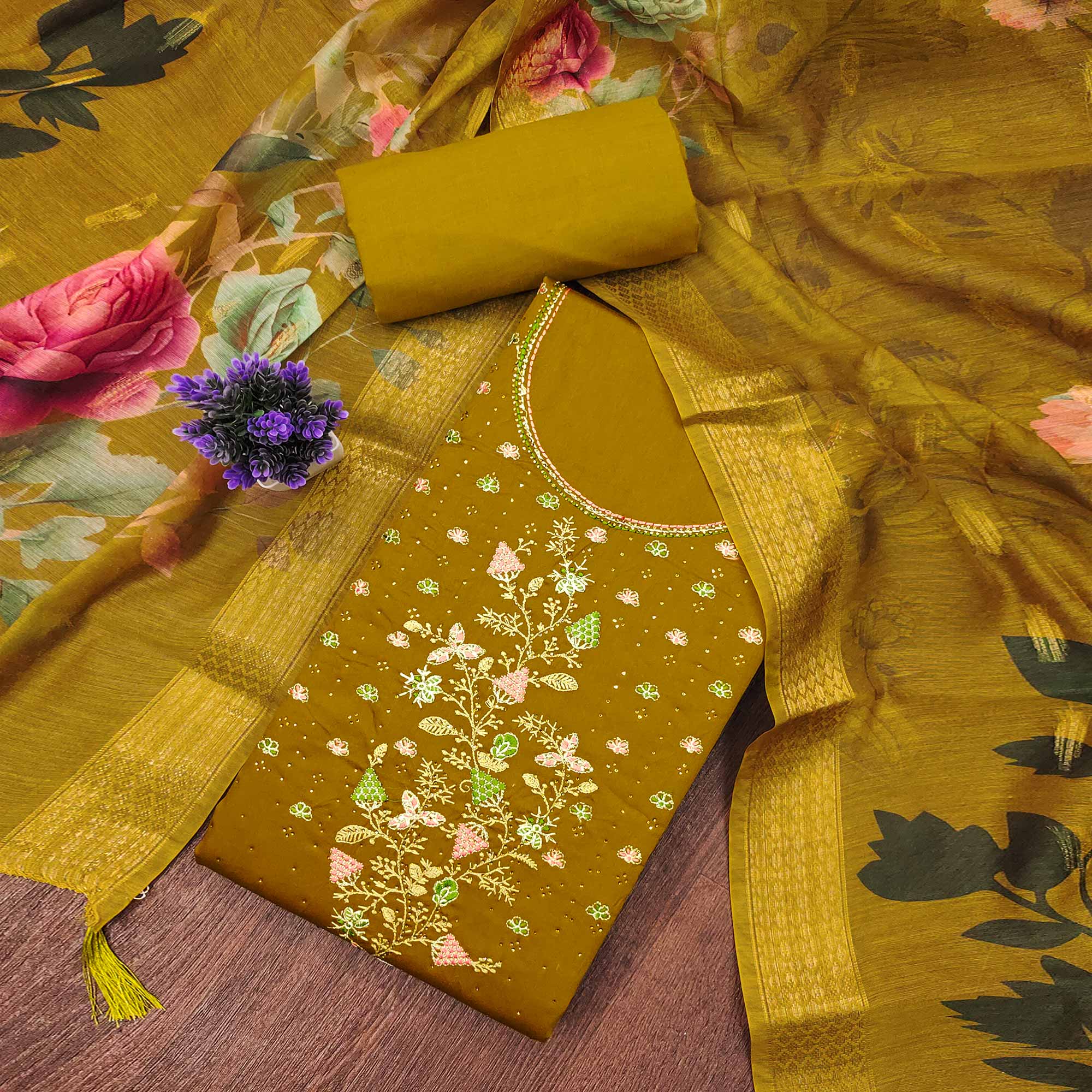 Soft Olive Cotton Blend Unstitched Suit Material with Delicate Floral Embroidery