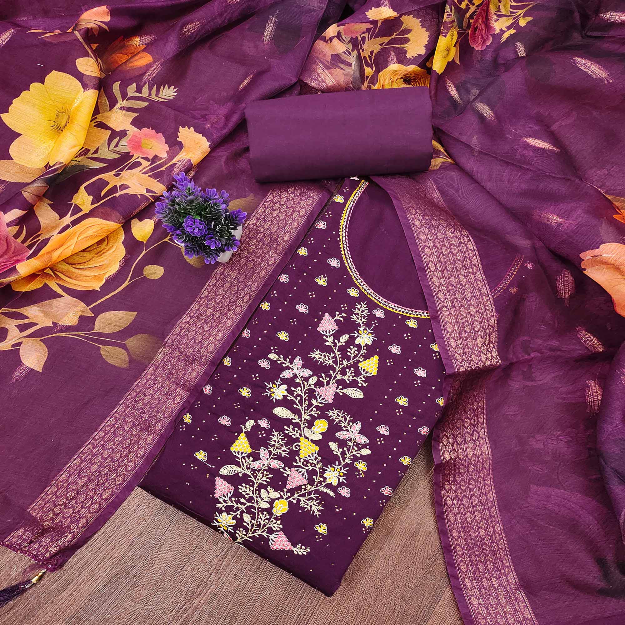 Soft Purple Cotton Blend Unstitched Suit Material with Delicate Floral Embroidery