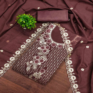 Brown Georgette Dress Material Decorated with Artistic Thread Embroidery Designs