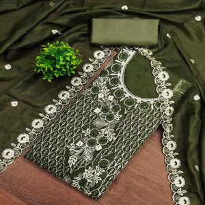 Green Georgette Dress Material Decorated with Artistic Thread Embroidery Designs