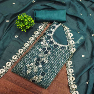 Morpich Green Georgette Dress Material Decorated with Artistic Thread Embroidery Designs