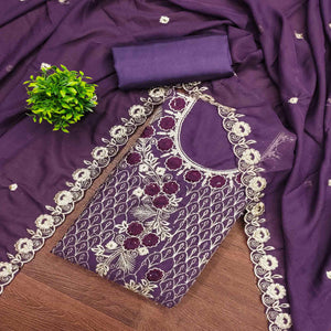 Purple Georgette Dress Material Decorated with Artistic Thread Embroidery Designs