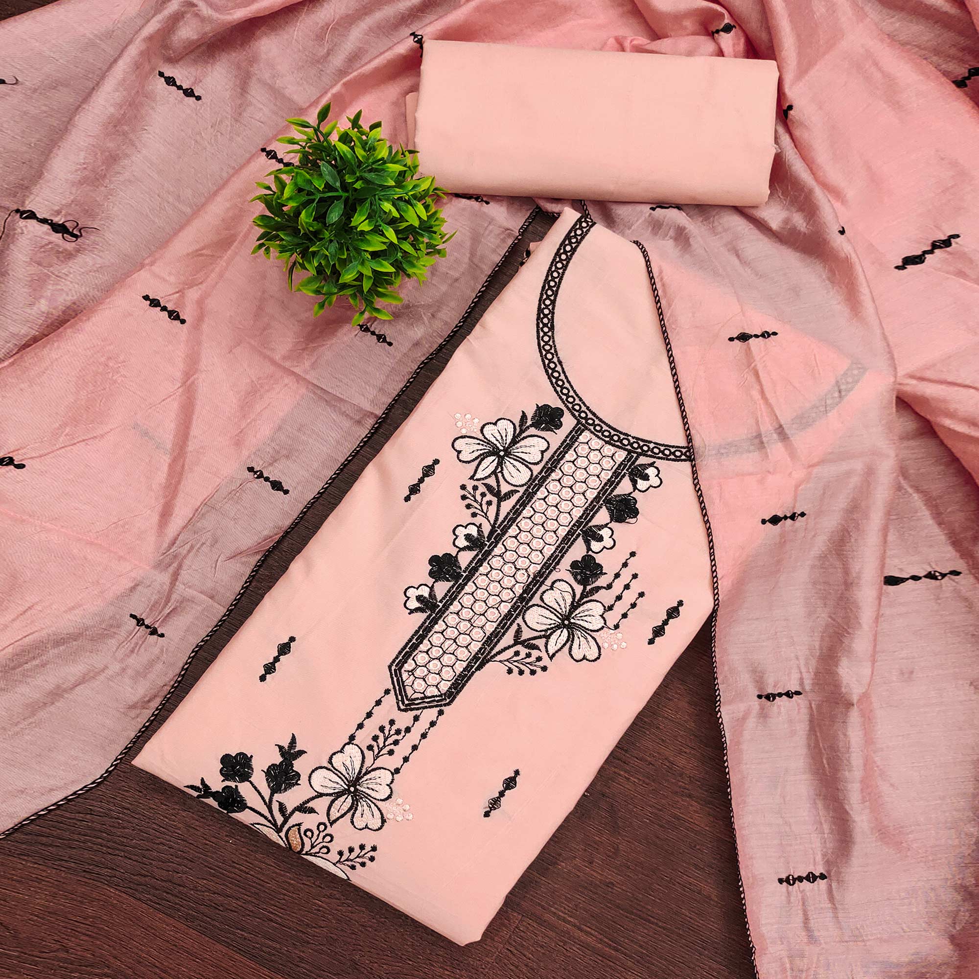 Elegant Peach Cotton Blend Dress Material with Delicate Thread Embroidered Detailing