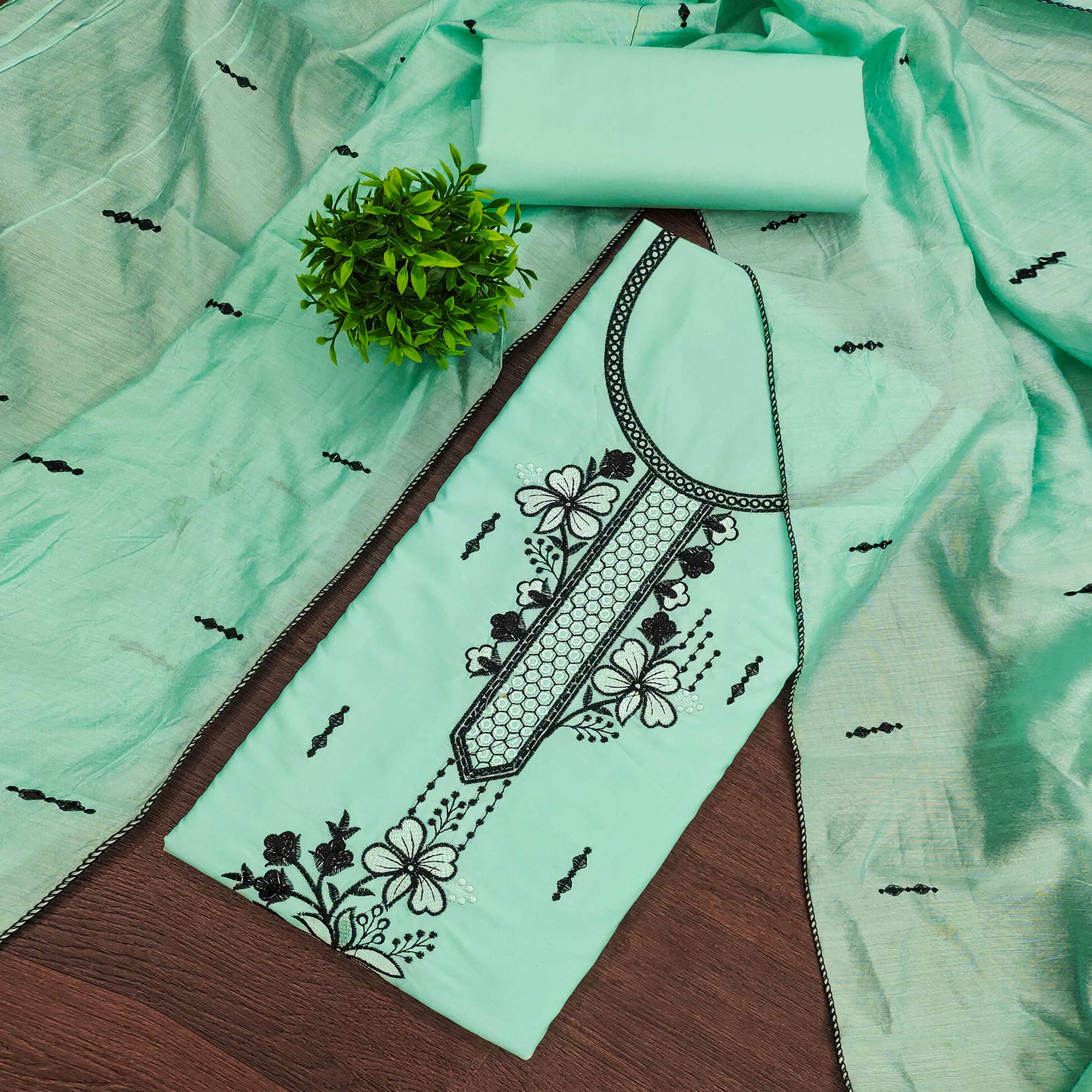 Elegant Sea Green Cotton Blend Dress Material with Delicate Thread Embroidered Detailing