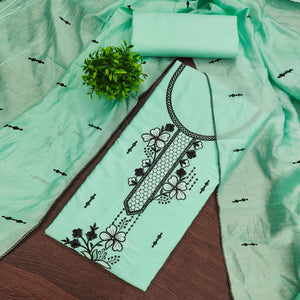 Elegant Sea Green Cotton Blend Dress Material with Delicate Thread Embroidered Detailing