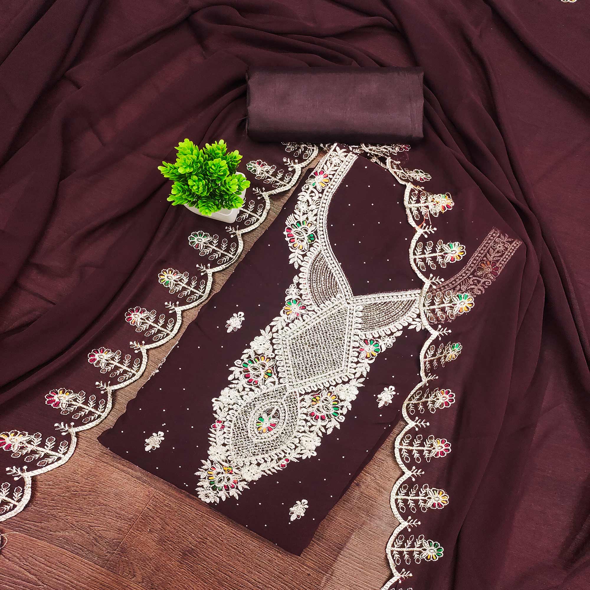 Brown Georgette Dress Material Adorned With Elegant Floral Embroidery & Shimmering Swarovski Work