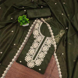 Chic Mehendi Green Floral Thread Embroidered Star Georgette Unstitched Suit Fabric