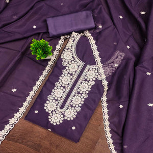 Chic Purple Floral Thread Embroidered Star Georgette Unstitched Suit Fabric